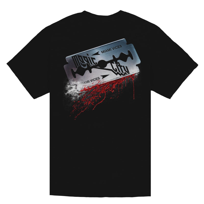 Black t-shirt with a back print graphic of a razor blade.