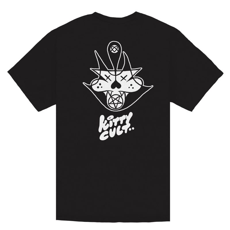 Black t-shirt with full back white print of a graffiti style cat that says, "Kitty Cult".