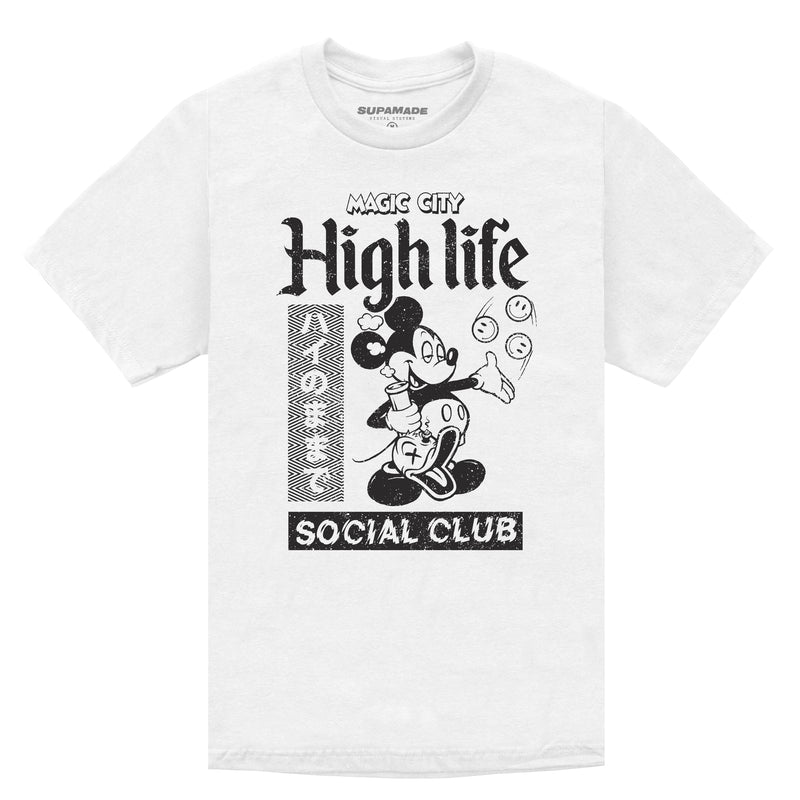 White t-shirt with black print of a mouse with a duck bong.