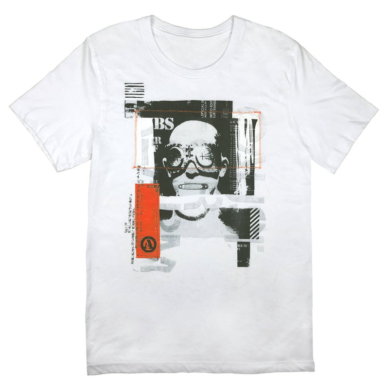 Hand stitched patches and overprint on a white SS tee.