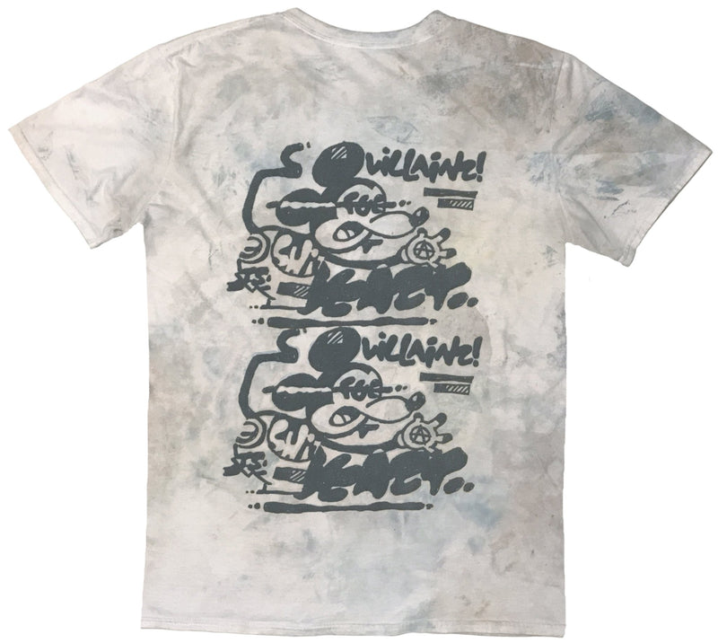 Black full back print on a crew neck t-shirt.