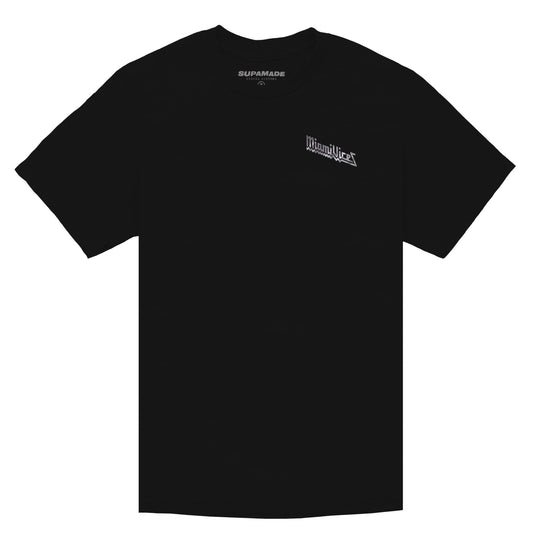 Black t-shirt with front left chest print that says "Miami Vices".