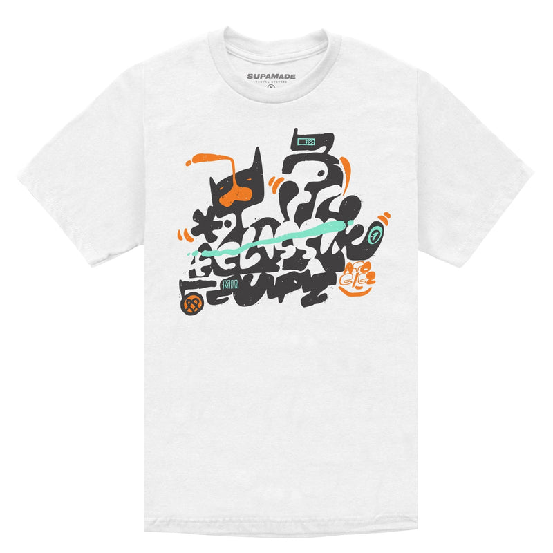 White t shirt with full front graphic of a graffti style cat.