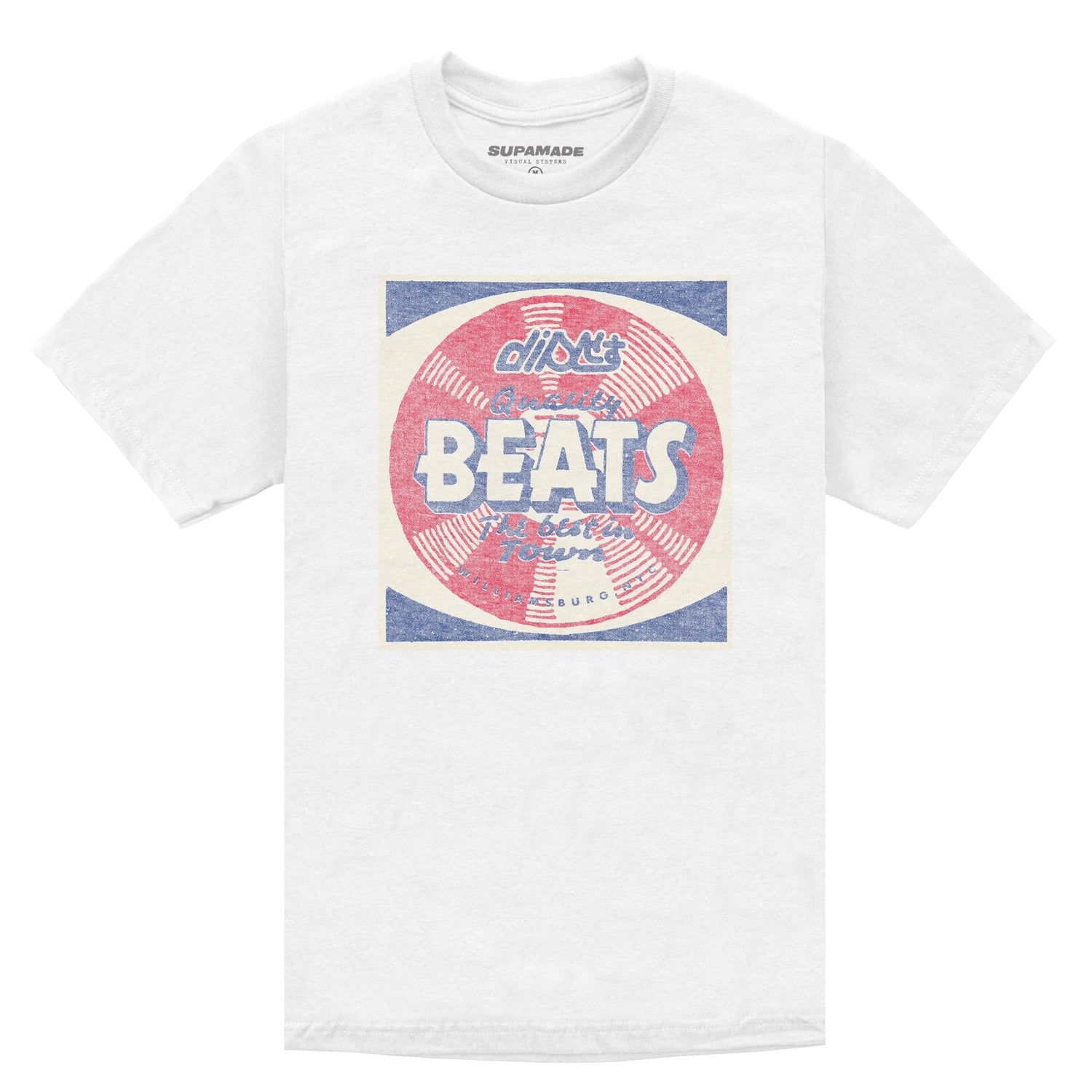 White t-shirt with full front graphic of a record.