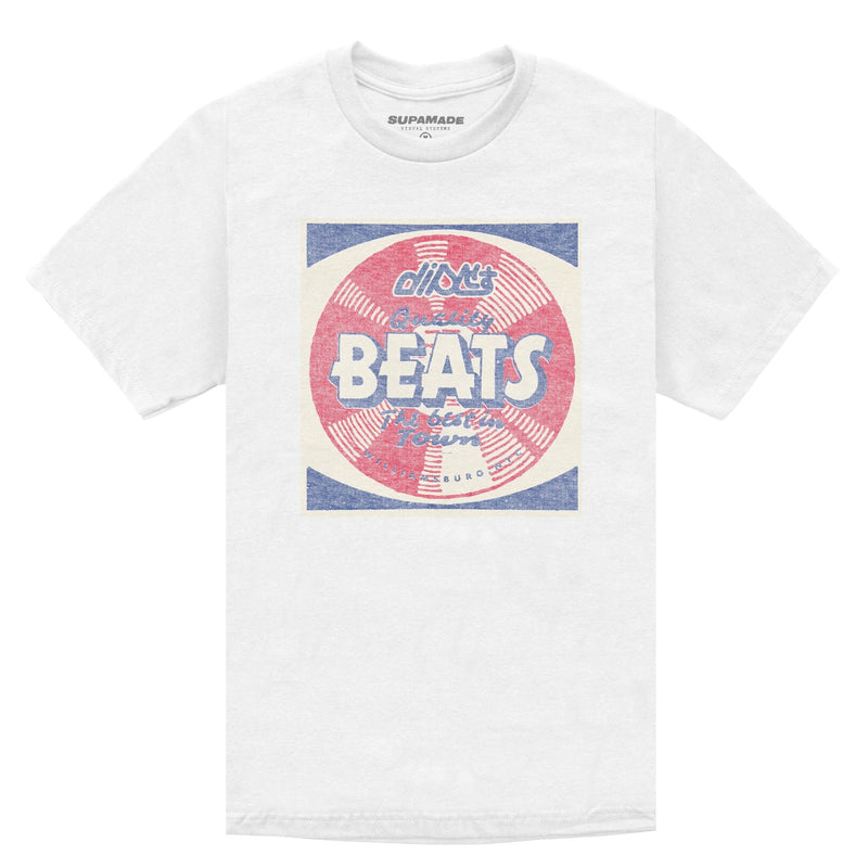 White t-shirt with full front graphic of a record.