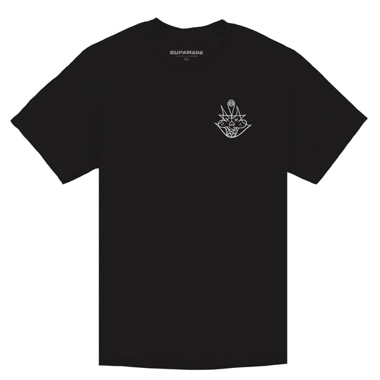Black t-shirt with white left chest print of a graffiti style cat. 