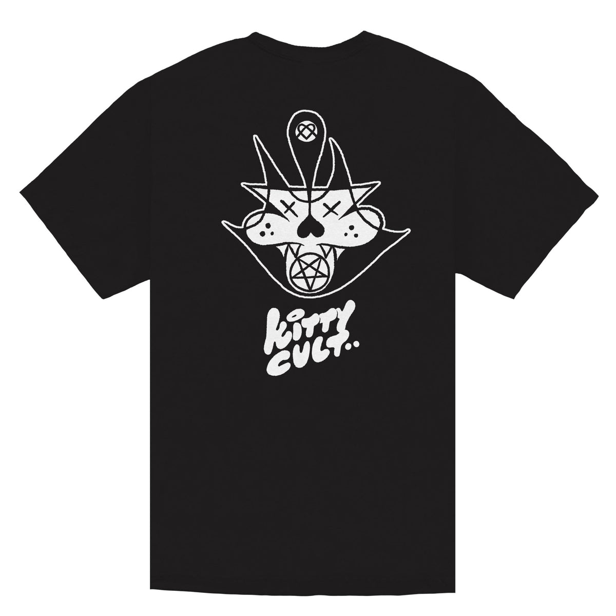 Black t-shirt with full back white print of a graffiti style cat that says, "Kitty Cult".