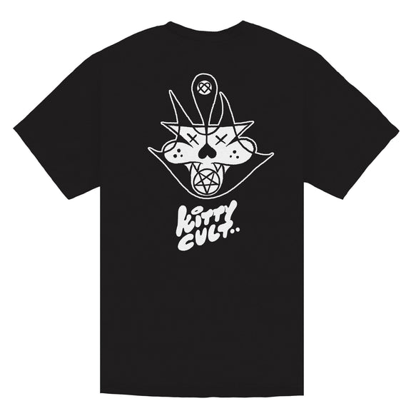 Black t-shirt with full back white print of a graffiti style cat that says, "Kitty Cult".