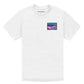 White t-shirt with left chest print of a car, says "Miami".