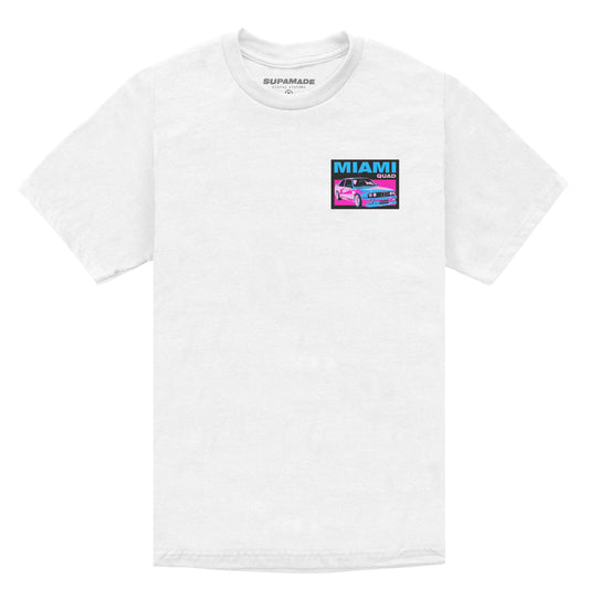 White t-shirt with left chest print of a car, says "Miami".