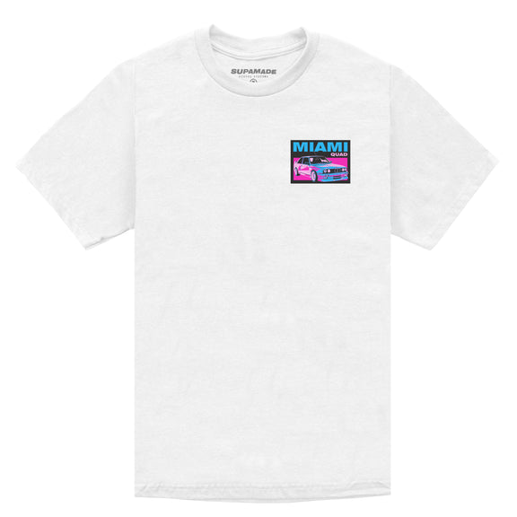 White t-shirt with left chest print of a car, says "Miami".