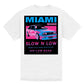 White t-shirt with fulll back print of a car.