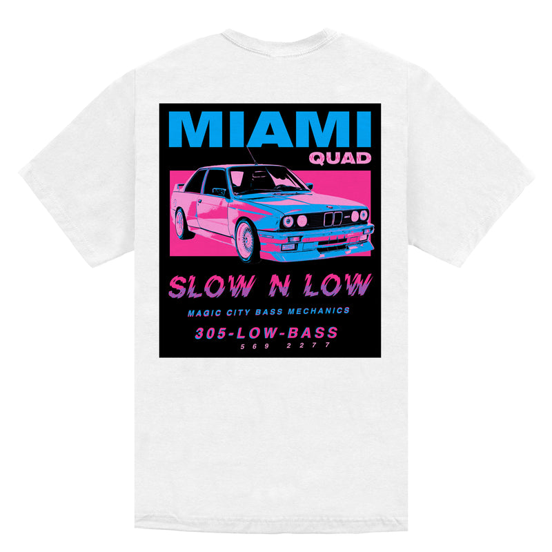 White t-shirt with fulll back print of a car.