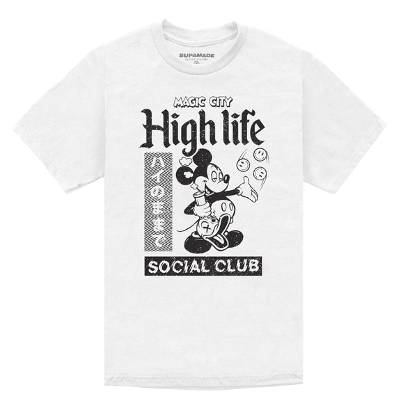 White t-shirt with black print of a mouse with a duck bong.