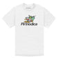 White t-shirt with colorful full front print of three space characters.