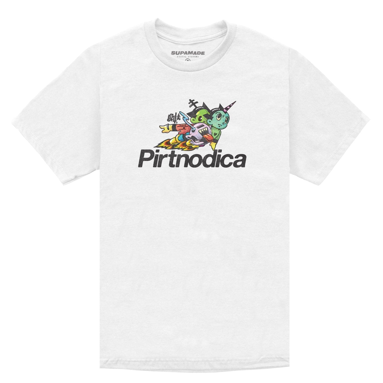 White t-shirt with colorful full front print of three space characters.