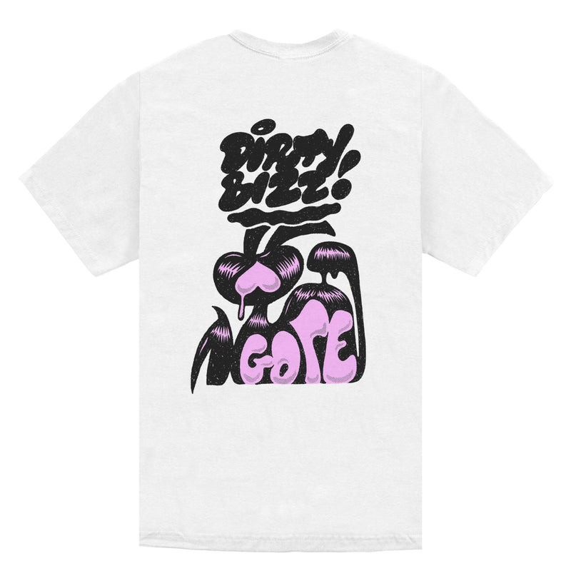 Black and pink back print of a cat on a white short sleeve T, reads Dirty Biz Gore.