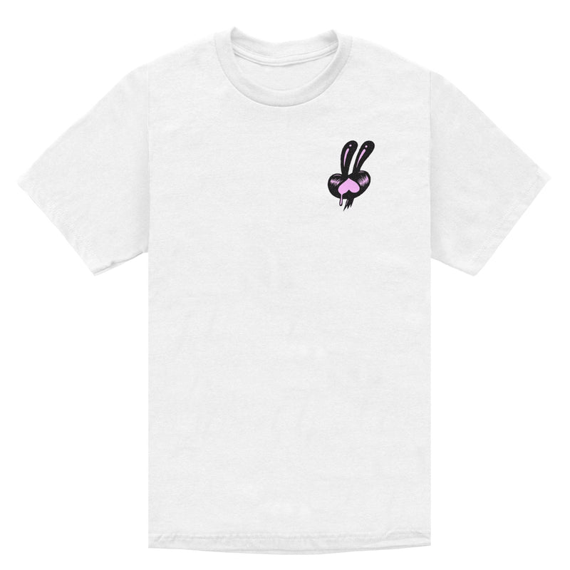 Black and pink left chest print of a cat's head on a white short sleeve shirt.