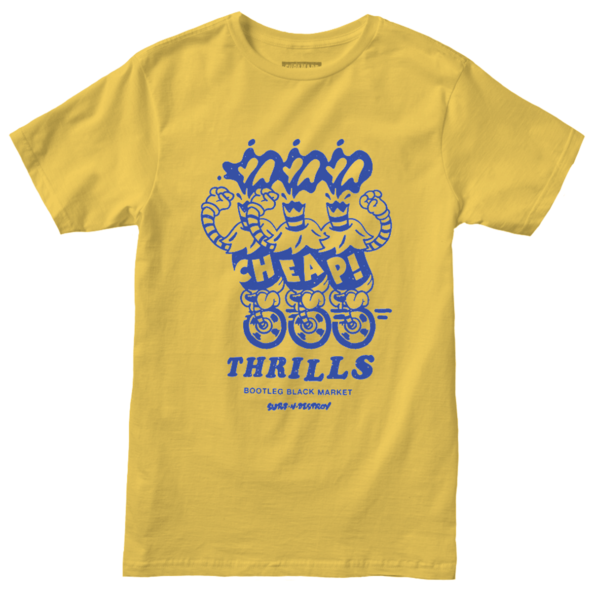 Yellow t-shirt with blue print "Cheap Thrills, Bootleg Black Market"