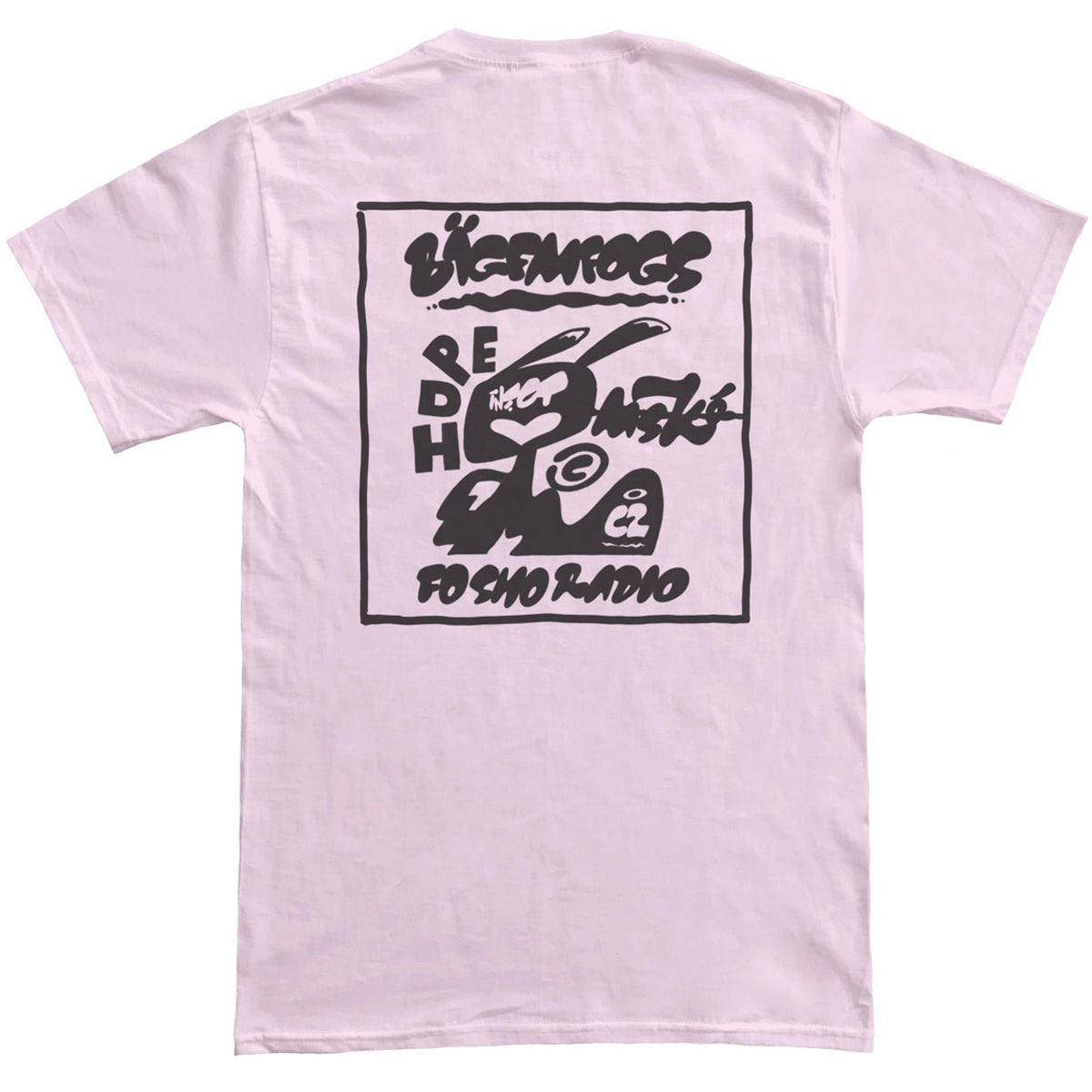 Black print of a cat on a pink shirt.
