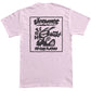Black print of a cat on a pink shirt.