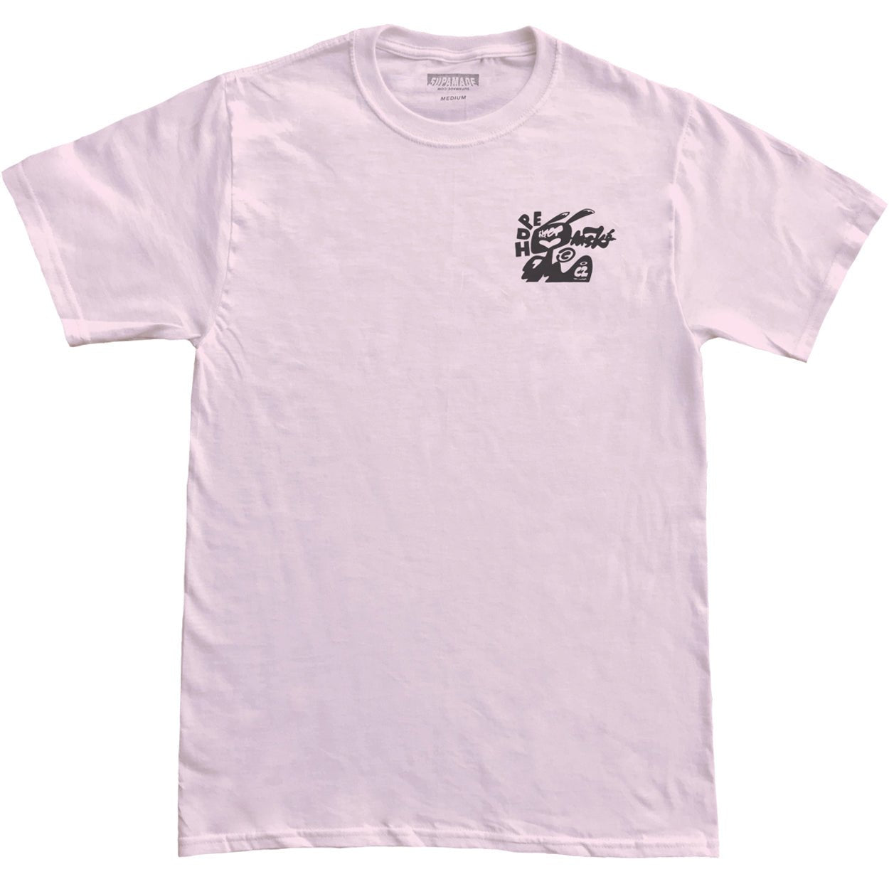 Black chest print of a cat on a pink t-shirt.