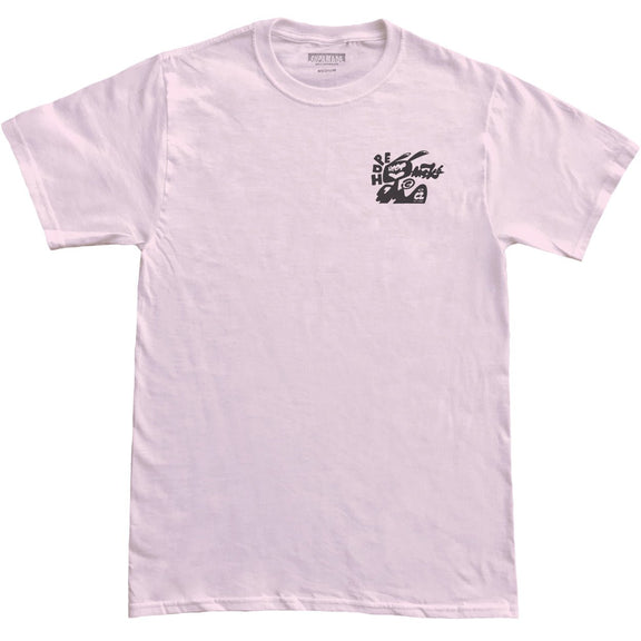 Black chest print of a cat on a pink t-shirt.