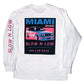 Back print of a car graphic on a white long sleeve tee with left sleeve print.