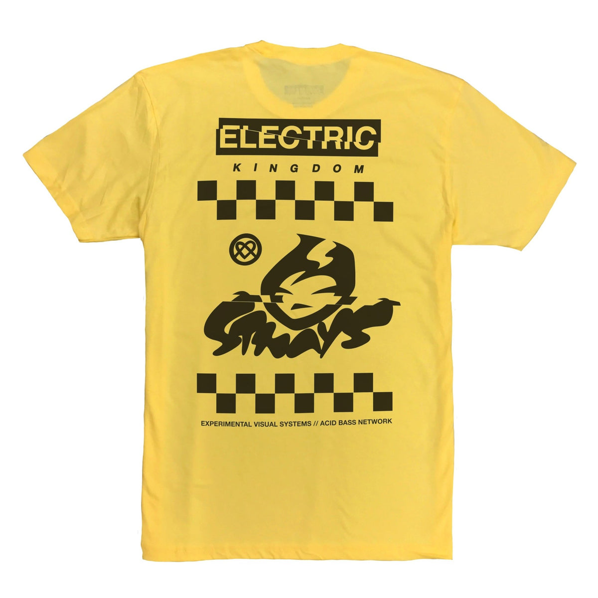 Black full back print on a yellow crew neck t-shirt.