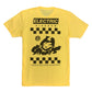 Black full back print on a yellow crew neck t-shirt.