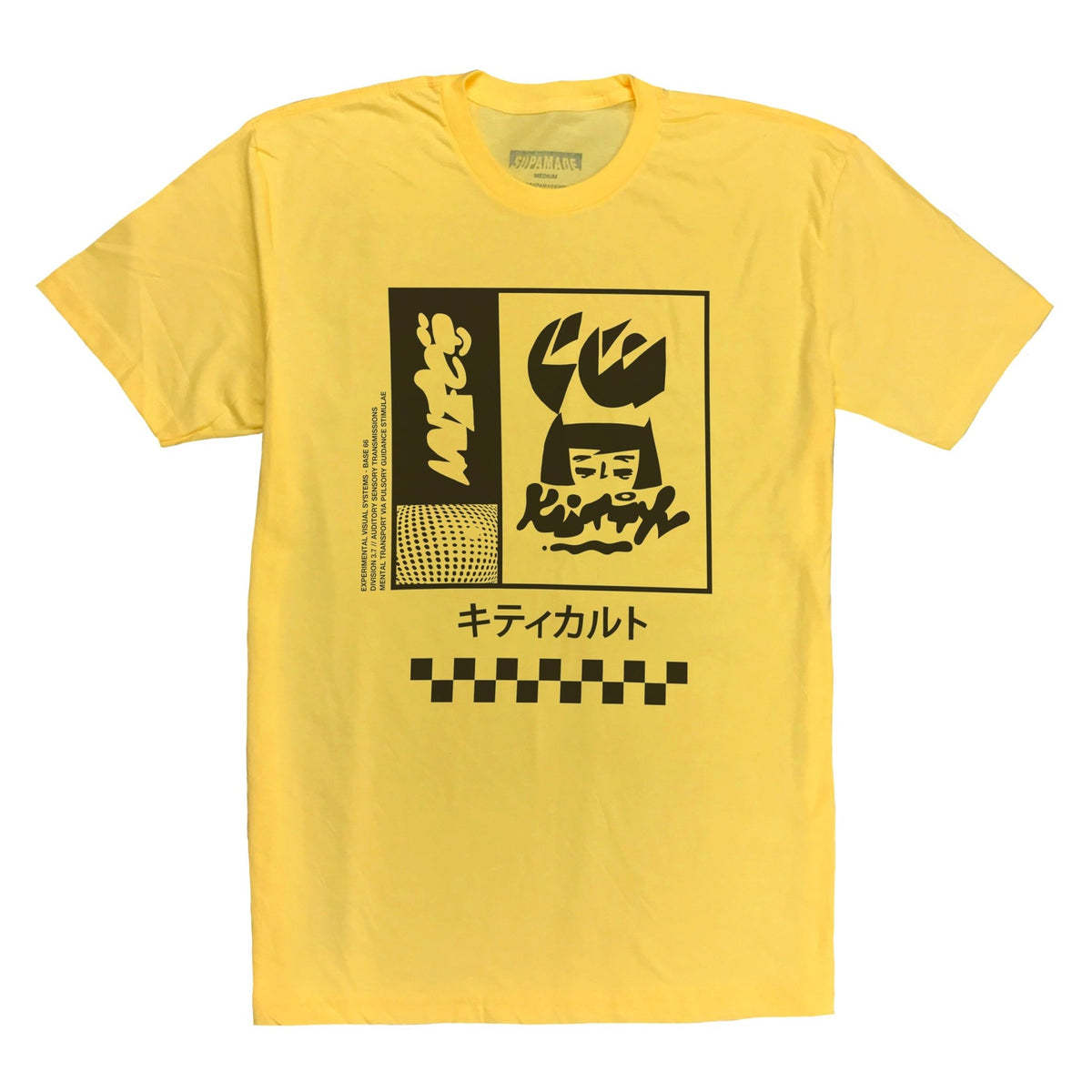 Black full front print on a yellow crew neck t-shirt.
