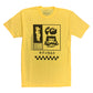 Black full front print on a yellow crew neck t-shirt.