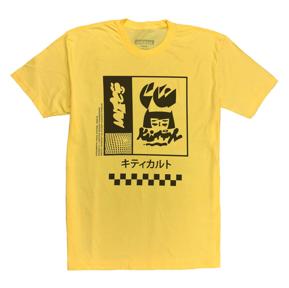 Black full front print on a yellow crew neck t-shirt.