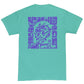 Blue print on a SS teal t-shirt. 