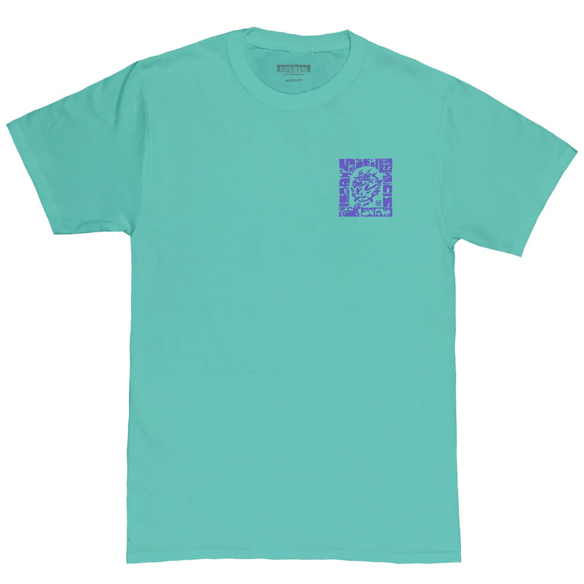 Blue chest print on a teal short sleeve t-shirt. 