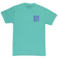 Blue chest print on a teal short sleeve t-shirt. 